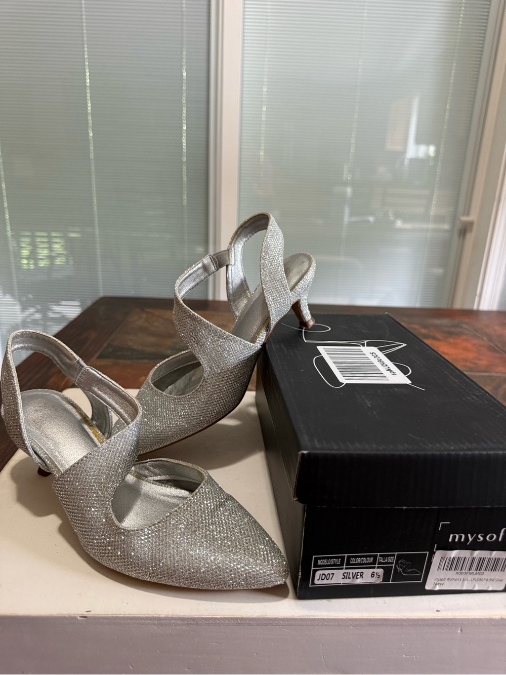 Mysoft Silver Glitter Slingback Kitten Heel Pumps